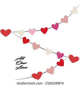 
Red heart attached to a zigzag rope, on a white background. with text, all our love.
