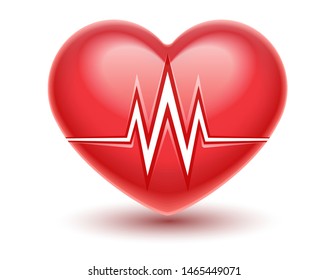 Red heart attack icon with heartbeat cardiogram graph line. Realistic medical. Healthcare concept. Isolated on white transparent background. Vector illustration.