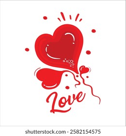 Red heart balloon. Cute love symbol. Hand drawn outline isolated on white background. Drawing line art print. Wedding design. Vector illustration