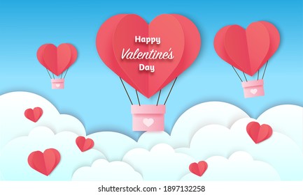 Red heart balloon floating in the sky, above the clouds and red hearts vector illustration. Decorative paper cut for valentines day design