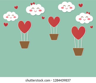 Red heart balloon and little heart float in the air near cute smile face cloud look so sweet on pastel blue sky background. Paper cut art vector in love theme for Valentine day card or wallpaper.