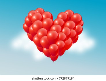 Red heart balloons in blue sky, Happy Valentines Day, vector illustration
