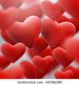 Red heart balloons flying bunch. Happy Valentines Day. EPS 10 vector file included
