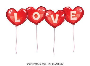 Red heart balloons with letters spelling "LOVE" on strings, creating a romantic display. Vector cartoon illustration