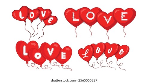 Red heart balloons with letters spelling "LOVE" on strings, creating a romantic display. Vector cartoon illustration