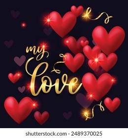 Red heart balloons, Love, pink with Dark background vector