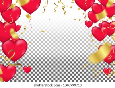 Red heart balloons, vector illustration. Confetti and ribbons, Celebration background template with confetti and  ribbons