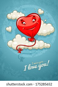 Red Heart Baloon Flying Among Clouds Retro Card. Eps10 Vector Illustration On Grunge Retro Background