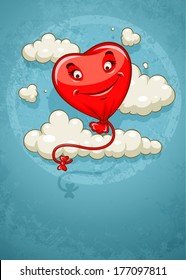 Red heart baloon flying among clouds retro card. Eps10 vector illustration on grunge retro background