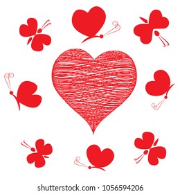 Red heart and batterflies. Valentine's Day Pattern. Romantic Heart and butterflies design element. Love. Sweet Moment. Wedding. Anniversary, Birthday. Vector Illustration.