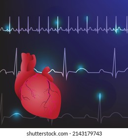 El corazón rojo golpea aislado o ecocardiograma sobre fondo negro y azul. Ilustración vectorial del corazón. Icono de frecuencia cardíaca y fondo.