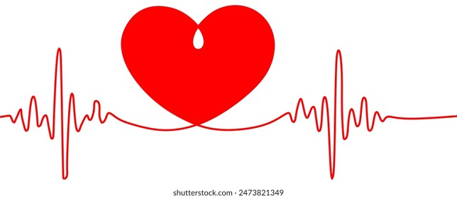 Red Heart beat one line. Continuous lines heart beats drawing. Wave pulse. Hand draw heartbeat. Design heartbeat for print. Black silhouette cardiogram isolated on white background. Vector.