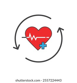 Red heart beat plus sign cyclical arrows showing love and health connections icon