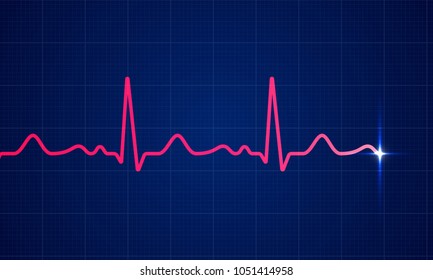 Red heart beat pulse electrocardiogram rhythm on blue cardio chart monitor background. Vector healthcare ECG or EKG medical life concept for cardiology or medical resuscitation illustration