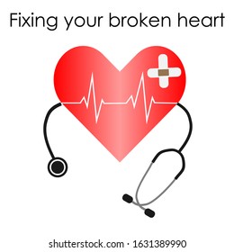 Red heart beat pulse line, ECG-EKG signal with plaster and stethoscope, Isolated on white background with word "Fixing your broken heart".Idea for medical healthcare concept and love hurt .