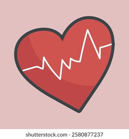 red heart beat sign with outline flat vector design.