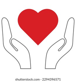 Rotes Herz zwischen den Händen Symbol, flache Vektorgrafik Objekt für Pflege, Liebe, Valentin, Gesundheit, Wohltätigkeit, Speichern, Web, App, Mobil, Etikett, Logo, Aufkleber, Stempel, UI. Einzeln auf weißem Hintergrund.