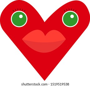 red heart with big lips green eyes and eyelashes concept of love and feelings object for design on a white background