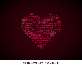 Red heart of binary code. Concept of virtual love, online Dating, robotization, artificial intelligence