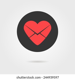 red heart in black circle like love letter icon with shadow. concept of broken heart, billet-doux, school love and romantic penpals. isolated on grey background. modern logo design vector illustration