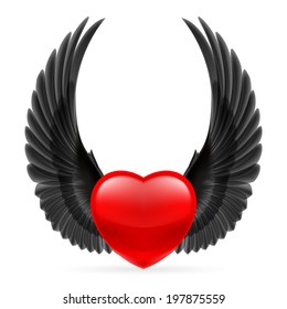 Red heart with black crow wings up.