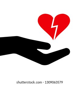 Red heart in black hand. Broken heart. Vector illustration