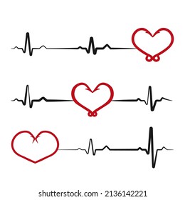 Red heart with black heartbeat isolated on white background. Fishing hooks in shape of heart. Love icon, logo. Design element for Valentine's day, fishing. Vector illustration. EPS10