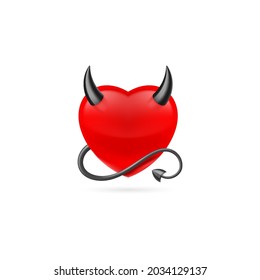 Red Heart with Black Horns and Devil Tail. Cute Cartoon Style Illustration. Romantic Love Lovesickness Symbol. St Valentine Greeting Card Decor, or Marriage Anniversary