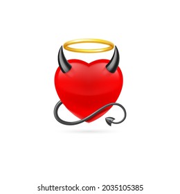 Red Heart with Black Horns, Devil Tail and Golden Nimbus. Cute Cartoon Style Illustration. Romantic Love Lovesickness Symbol. St Valentine Greeting Card Decor, or Marriage Anniversary