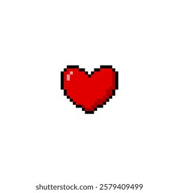 Red heart black outline pixel art Y2K icon. Heart shape with squared contour, retro tile emoji. Love symbol aesthetic digital 8 bit style. Vector graphic romantic decoration. Amour geometric sign