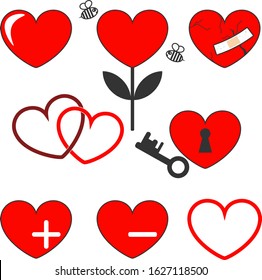 Red heart with black stroke in different options on a white background. Design elements for Valentine's day. Wounded heart, heart castle, heart in the form of a flower with bees.