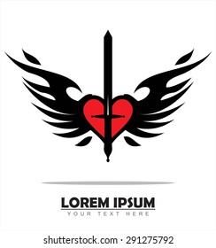 red heart, black sword, wings and flame. Isolated on white background.