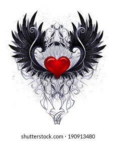 Red heart with black wings decorated with pattern on white background.