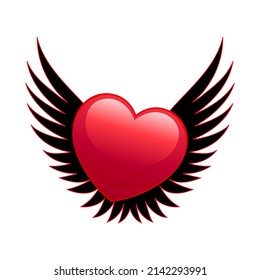 Red heart and black wings isolated on white background,vector illustration