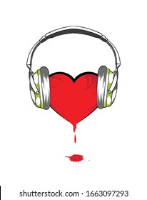Rotes Herz bluten mit Kopfhörern Vektorillustration Illustration. Einzeln auf Weiß. Musik-Vektorillustration