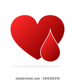 Red heart with blood drop. Vector illustration. Blood donation icon isolated