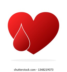 Red heart with blood drop. Vector illustration. Blood donation icon isolated