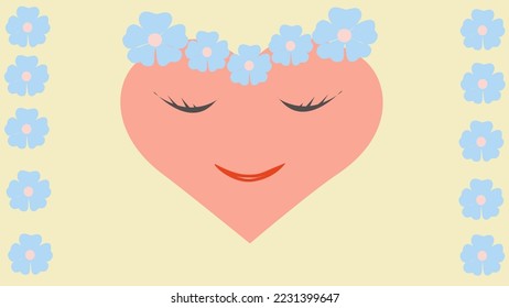 red heart with blue flowers on yellow background