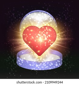 A red heart in a blue jewelry box on a black background of the starry sky. 3d vector image.