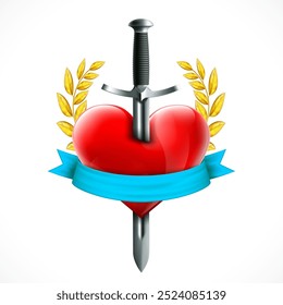 Red heart with blue ribbon pierced by sword or dagger. Stock vector illustration