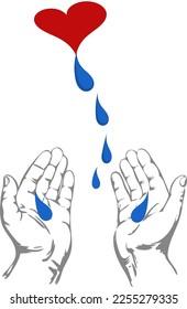 A red heart with blue tear drops falling into open hands vector drawing