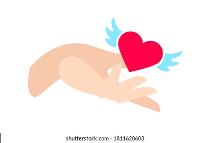 red heart with blue wings in hand, illustration isolated on white background. symbol of selfless gift, charity, donations, help, love and friendship.