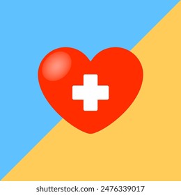 Red heart and blue and yellow background concept of love and help, donation.