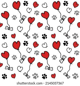 Red heart with bone and dog footprint in seamless pattern represent love for dog on Valentine day on white background