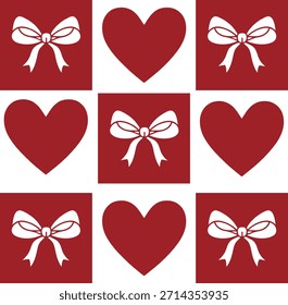 Red Heart and Bow Icon Pattern on White Background