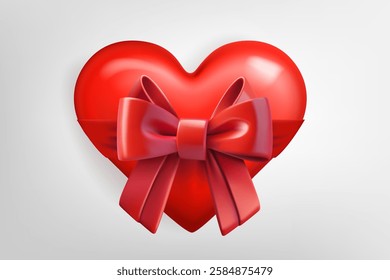 Red heart with red bow isolated on white background. 3d vector illustration