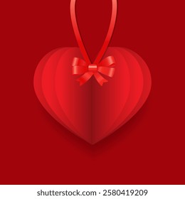 A red heart with a bow and ribbon on a red background. Perfect for banners, flyers, labels, postcards, sale, stickers. Isolated vector illustration.