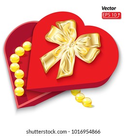 Red Heart box holiday gift,  golden pearls,  isolated on white background. Valentine's and wedding Day vector illustration