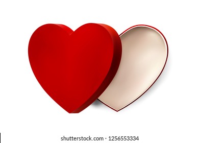 Red heart box for Valentines day or special day in love concept. Open empty red gift box with a heart shape isolated on white background. EPS 10