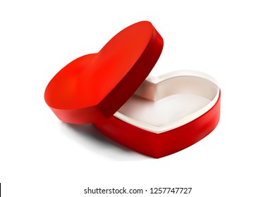 Red heart box for Valentines day or special day in love concept. Open empty red gift box with a heart shape isolated on white background. EPS 10